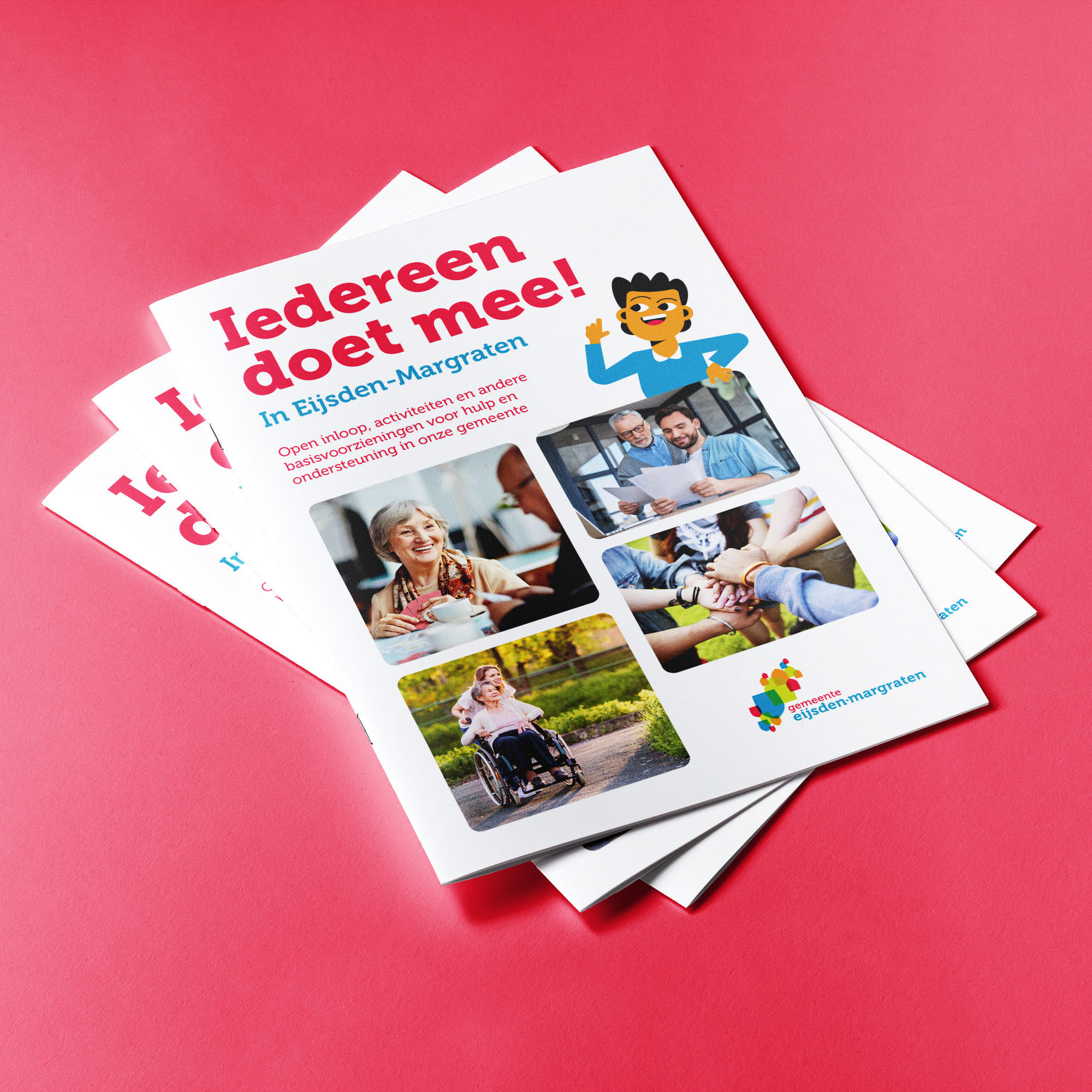  3 witte brochures met tekst iedereen doet mee! In Eijsden-Margraten op een rode achtergrond